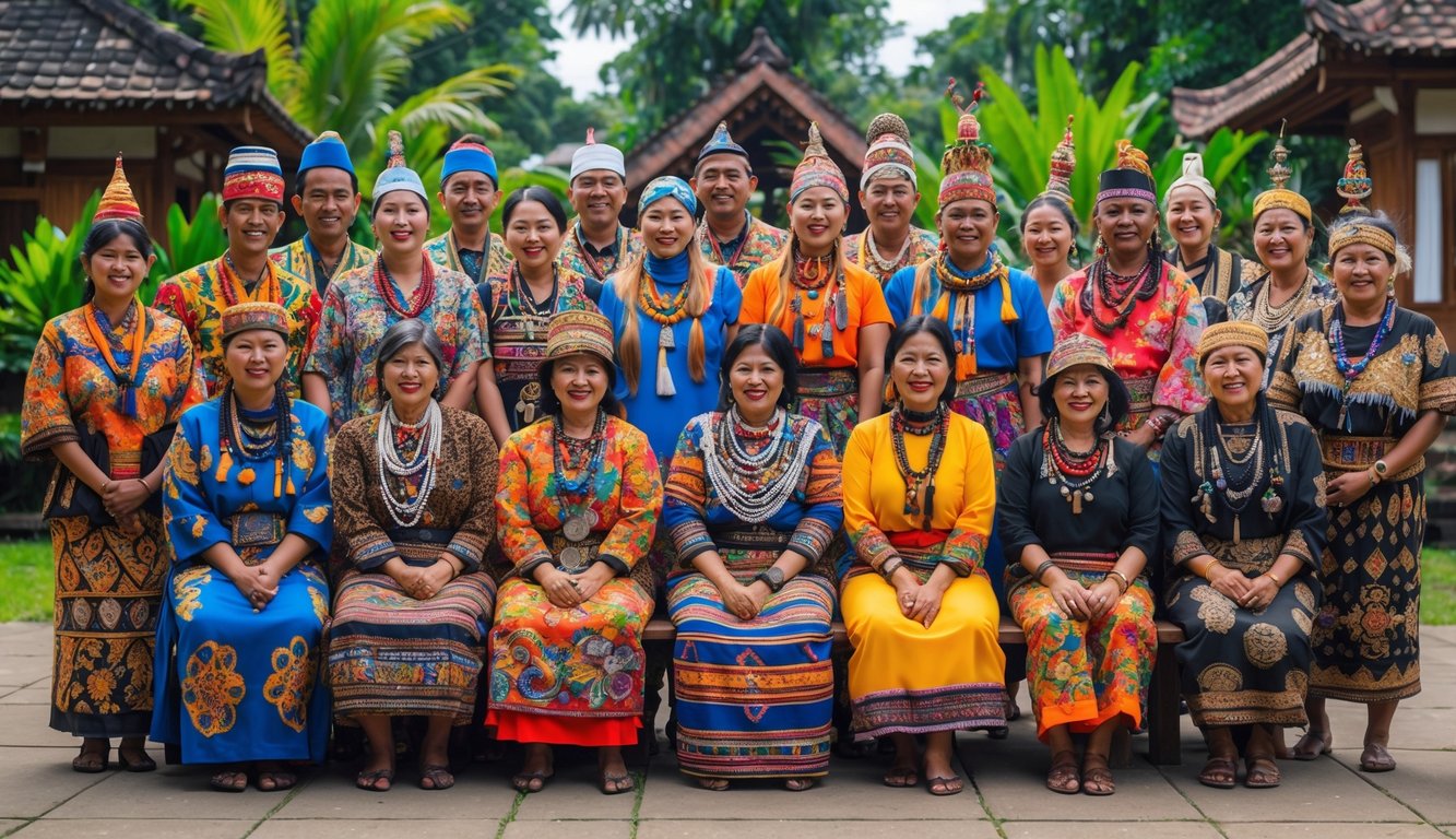 Sekelompok orang Indonesia dari berbagai suku dengan pakaian tradisional berwarna-warni sedang berkumpul di luar ruangan dengan latar belakang alam dan bangunan tradisional.