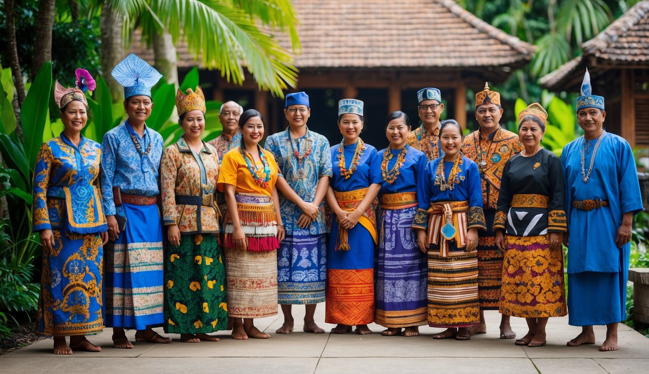 Sekelompok orang Indonesia dari berbagai suku dengan pakaian tradisional berdiri bersama di luar ruangan dengan latar belakang alam tropis dan bangunan tradisional.