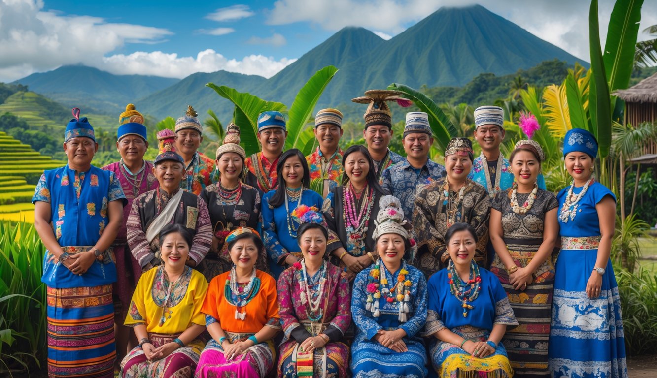 Sekelompok orang Indonesia dengan pakaian adat dari berbagai suku dan daerah Nusantara sedang berkumpul di luar ruangan dengan latar alam tropis.