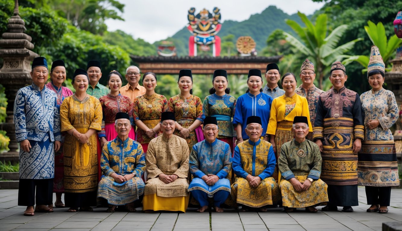 Sekelompok orang Indonesia mengenakan pakaian tradisional dari berbagai suku Nusantara berdiri bersama di luar ruangan dengan latar belakang alam dan artefak budaya.