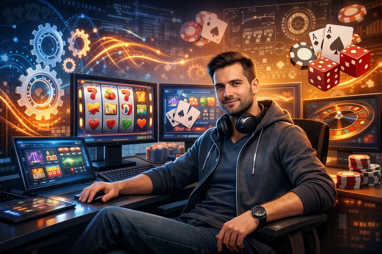 A Game Developer Working At A Desk Surrounded By Casino Game Elements And Digital Design Symbols Representing Creativity And Innovation.