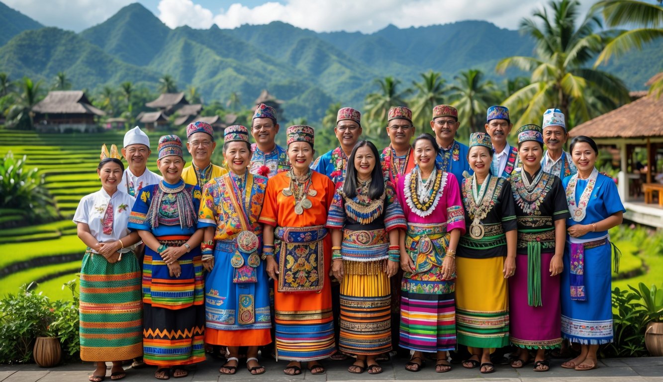 Sekelompok orang Indonesia dari berbagai suku mengenakan pakaian tradisional berdiri bersama di lingkungan tropis dengan latar belakang pemandangan alam Indonesia.