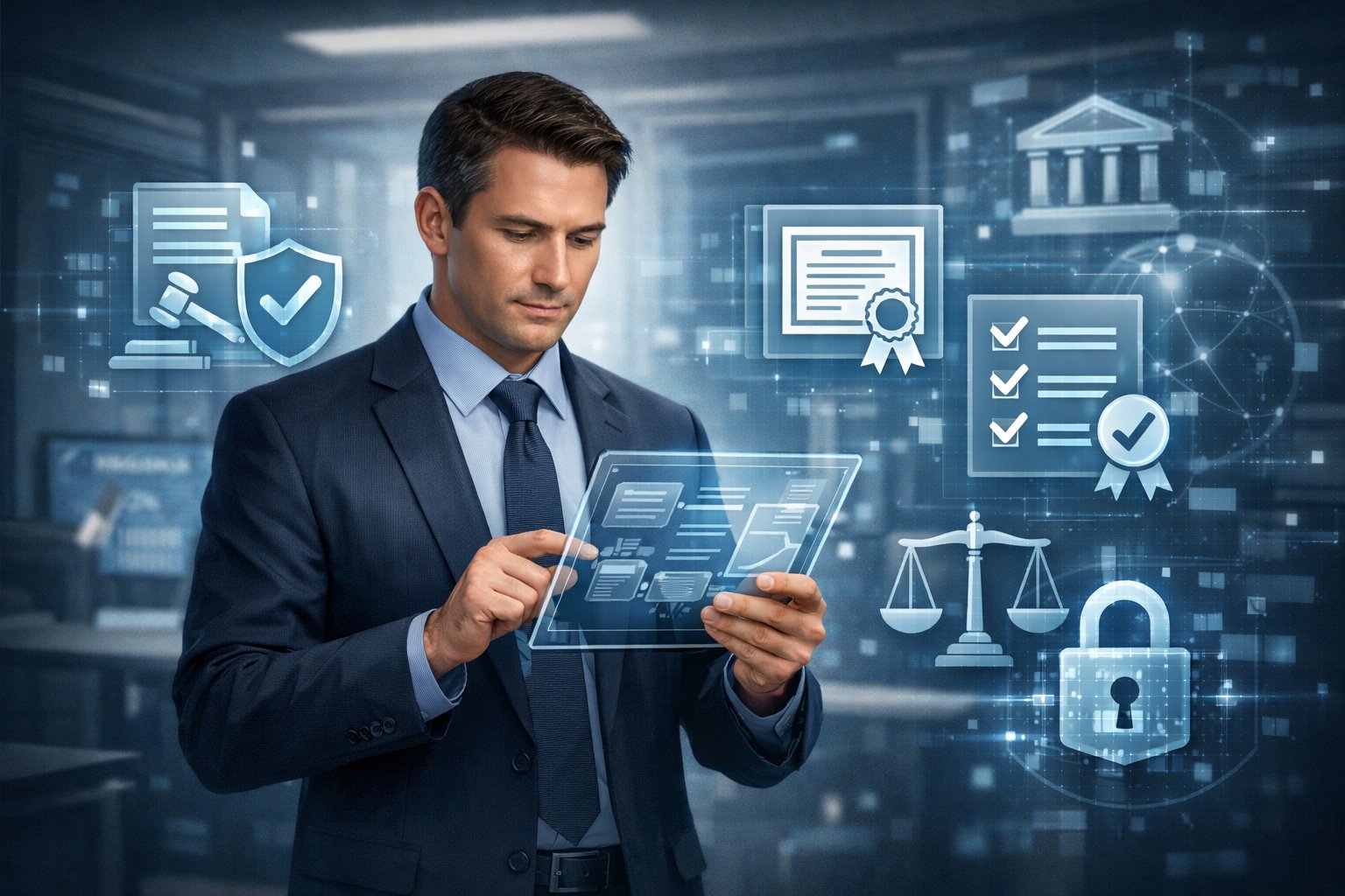 A Business Professional Reviewing Digital Documents With Holographic Compliance Icons In A Modern Office Setting.