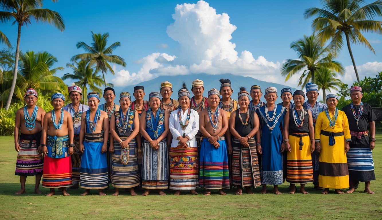 Sekelompok orang dari berbagai suku di Nusantara mengenakan pakaian tradisional berdiri bersama di luar ruangan dengan latar pohon palem dan langit biru.