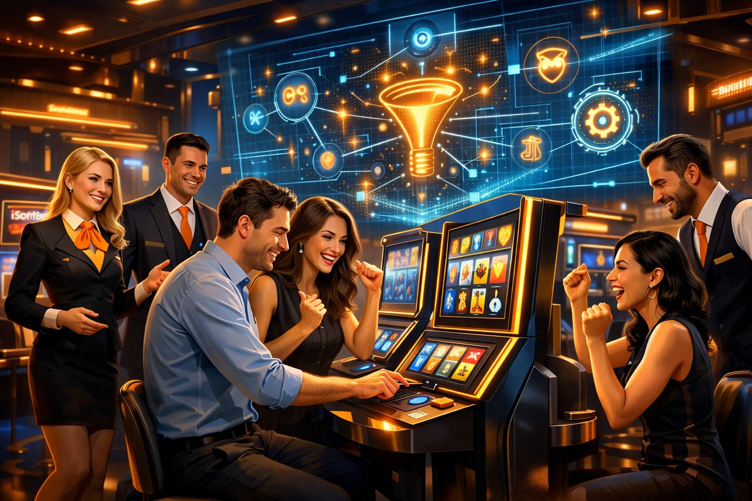 A Modern Casino Floor With Slot Machines And Players Enjoying Games, Highlighting A Partnership Between A Casino And A Game Provider.