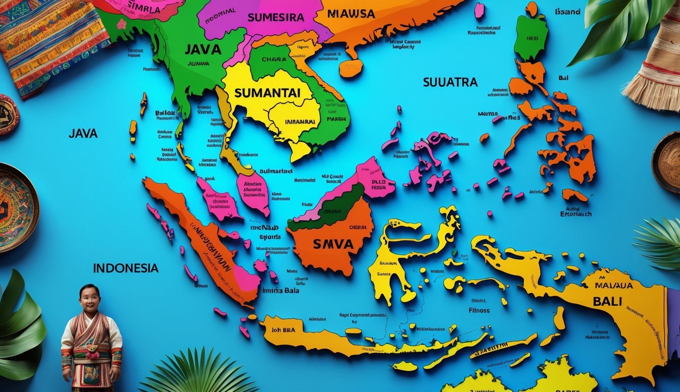 Peta Indonesia yang menampilkan pulau-pulau utama dengan elemen budaya tradisional dari suku-suku yang berasal dari setiap pulau.