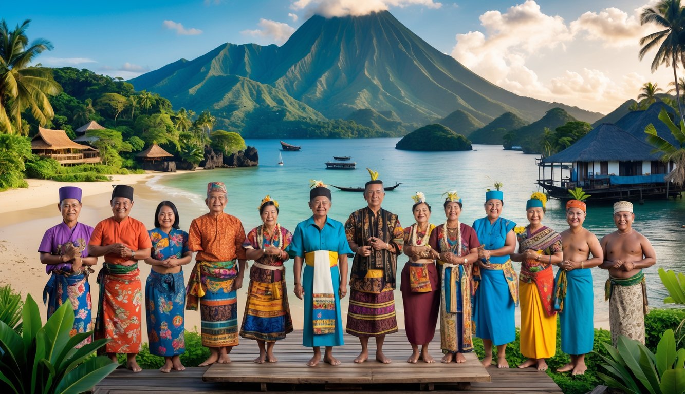 Berbagai kelompok etnis Nusantara dari pulau-pulau Indonesia mengenakan pakaian tradisional dengan latar belakang pemandangan alam dan budaya khas masing-masing pulau.