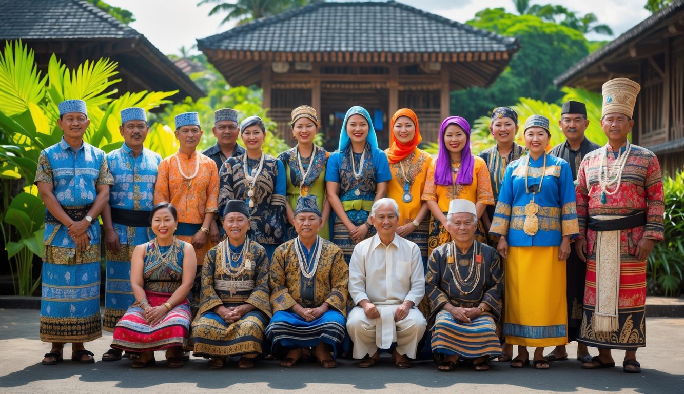 Sekelompok orang Indonesia mengenakan pakaian tradisional dari berbagai suku Nusantara sedang berkumpul di luar ruangan dengan latar belakang alam dan bangunan tradisional.