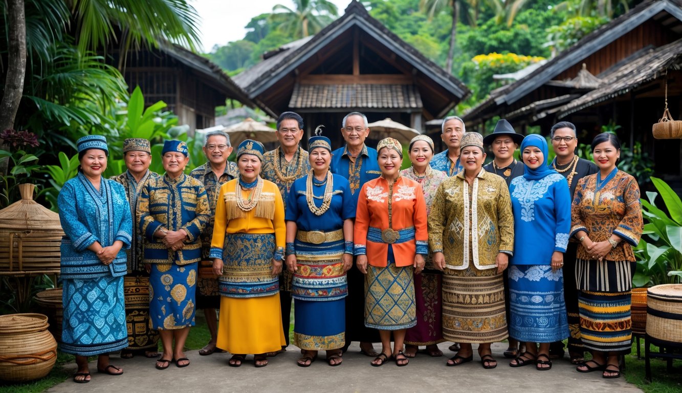 Sekelompok orang Indonesia mengenakan pakaian tradisional dari berbagai suku Nusantara, berdiri di luar ruangan dengan latar belakang rumah tradisional dan pepohonan hijau.