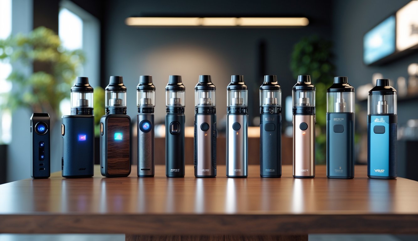 Beberapa perangkat vape modern dengan desain futuristik tersusun rapi di atas meja kayu di dalam sebuah toko teknologi.