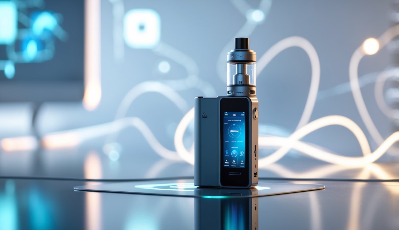 Sebuah perangkat vape modern diletakkan di atas permukaan reflektif dengan pencahayaan lembut, dikelilingi oleh elemen teknologi abstrak di latar belakang.