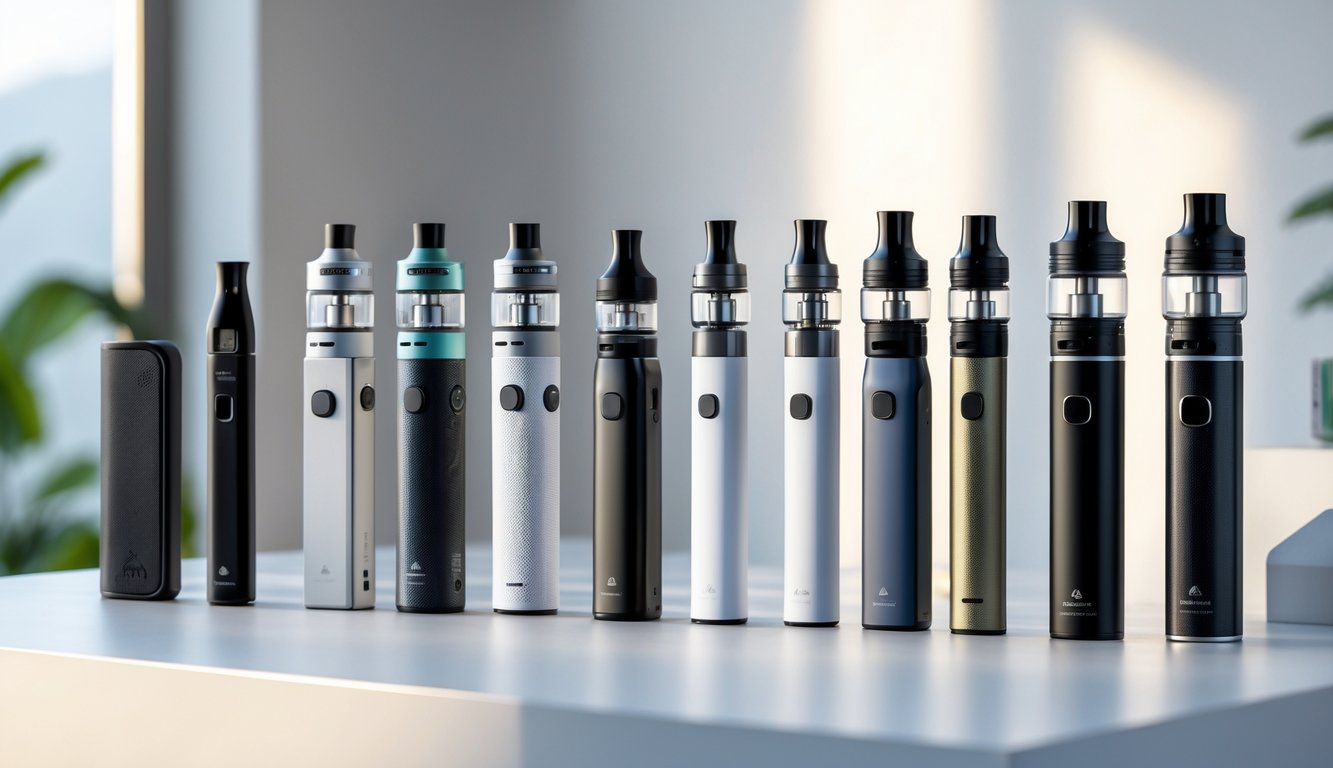 Beberapa perangkat vape populer dan terbaik di Indonesia yang ditata rapi di atas permukaan putih dengan pencahayaan alami.