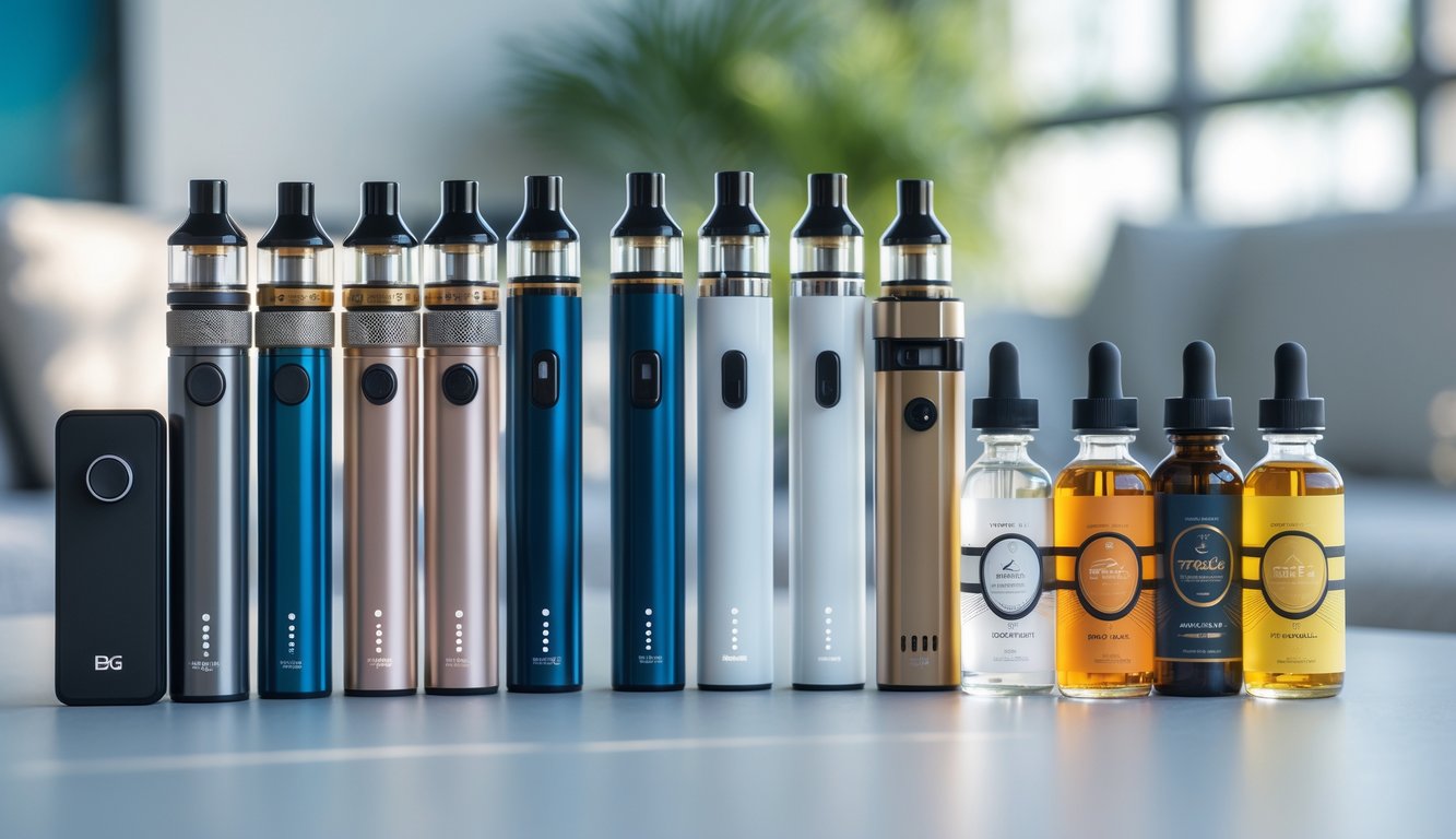Beberapa perangkat vape dan botol e-liquid yang tertata rapi di atas meja dengan latar belakang yang samar.