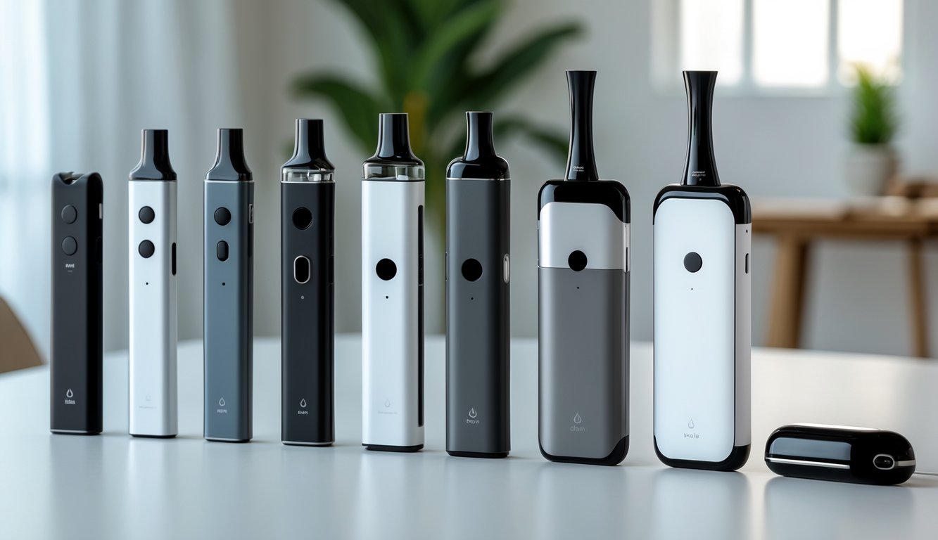 Beberapa perangkat vape sederhana dan kecil yang tersusun rapi di atas meja putih dengan latar belakang ruangan yang nyaman dan tanaman hijau.