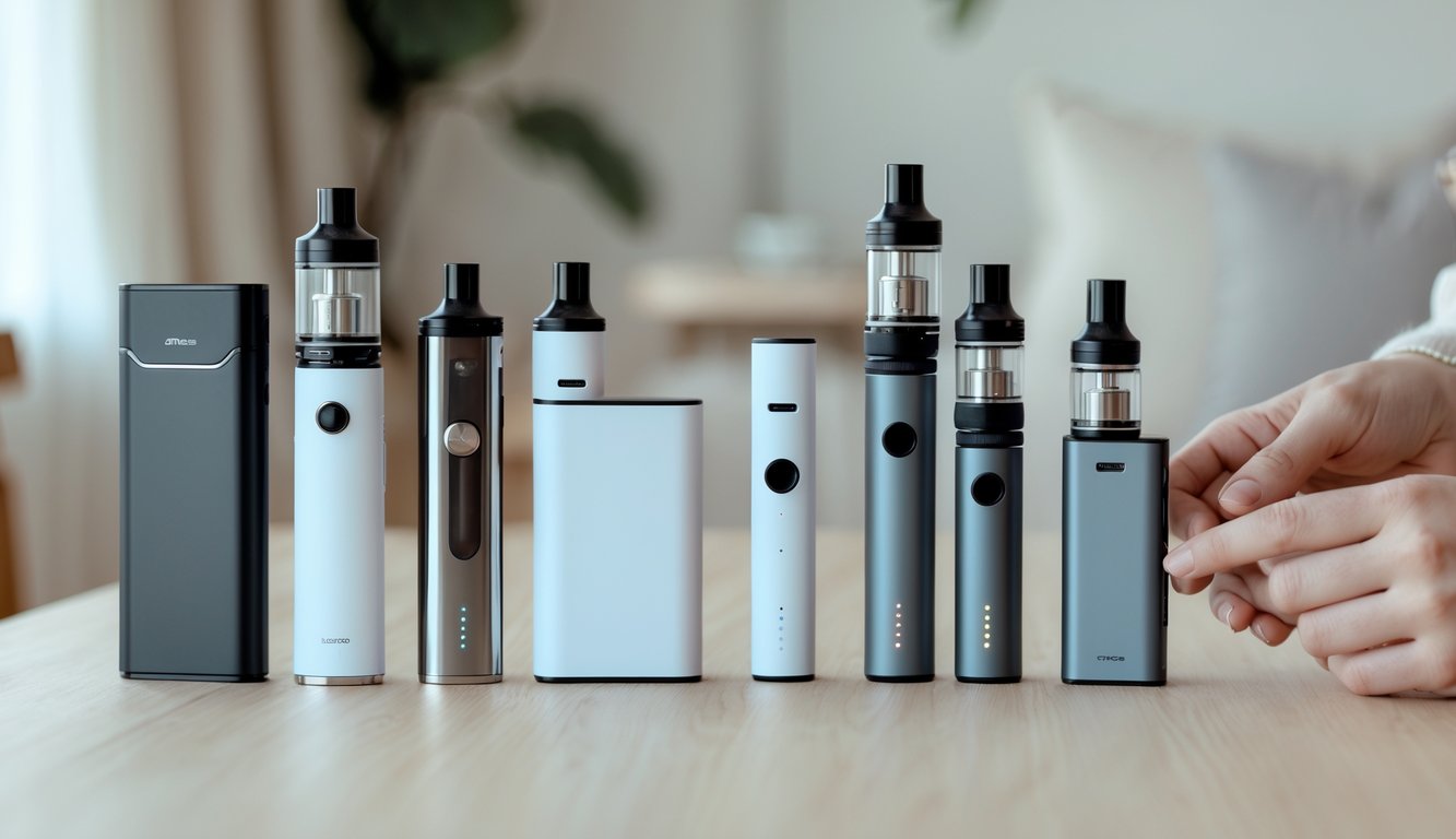 Beberapa perangkat vape pemula yang rapi di atas meja kayu dengan tangan memegang salah satu vape dalam ruangan yang nyaman.