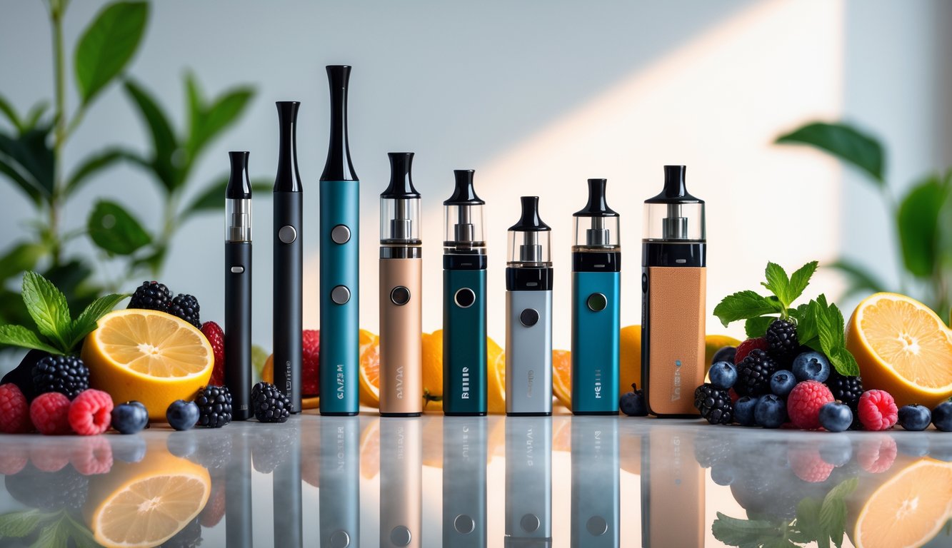 Beberapa perangkat vape modern dengan buah-buahan segar di sekitarnya, ditata rapi di atas permukaan bersih.