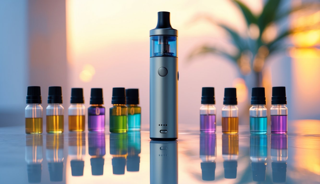 Sebuah perangkat vape modern dengan beberapa botol cairan rasa warna-warni di sekitarnya di atas permukaan reflektif.
