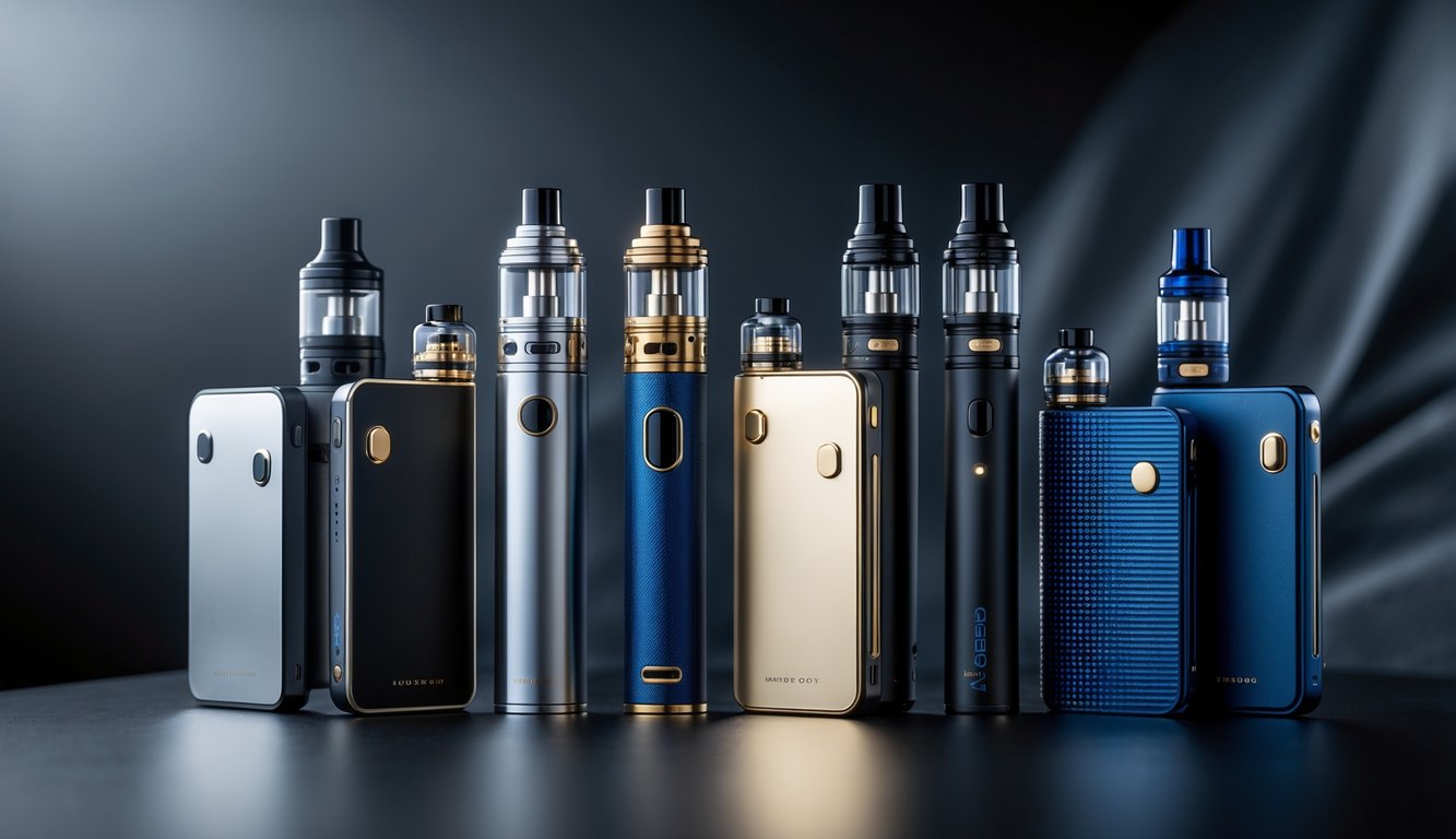 Beberapa perangkat vape berkualitas premium dengan desain elegan tersusun rapi di atas permukaan hitam modern.