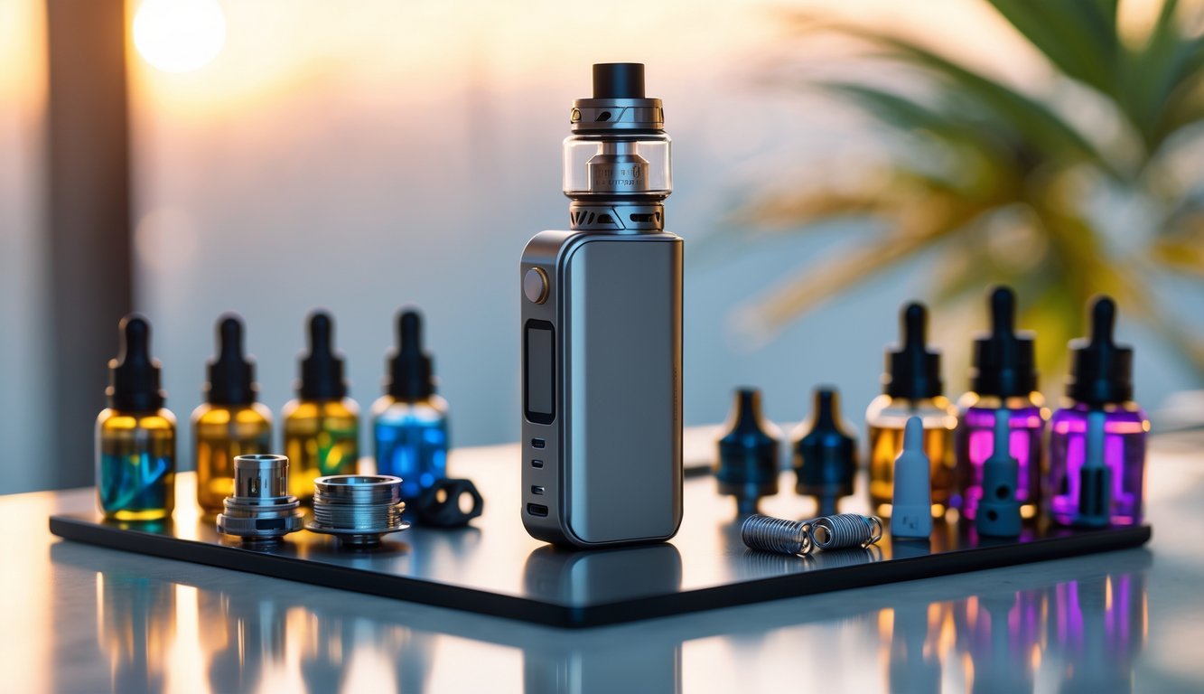 Perangkat vape berkualitas premium dengan aksesori vape di atas permukaan reflektif, latar belakang buram dan pencahayaan hangat.