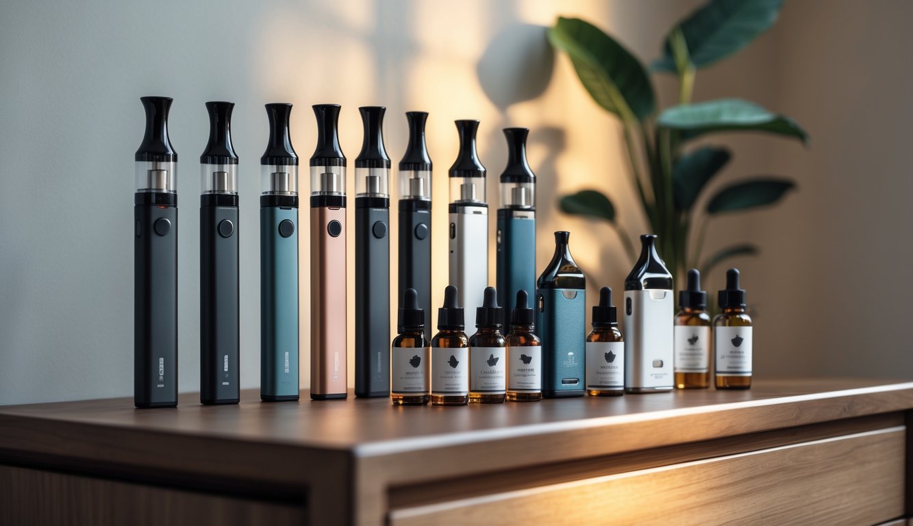 Beberapa perangkat vape terbaru yang direkomendasikan tersusun rapi di atas meja kayu dengan latar belakang yang samar dan pencahayaan hangat.