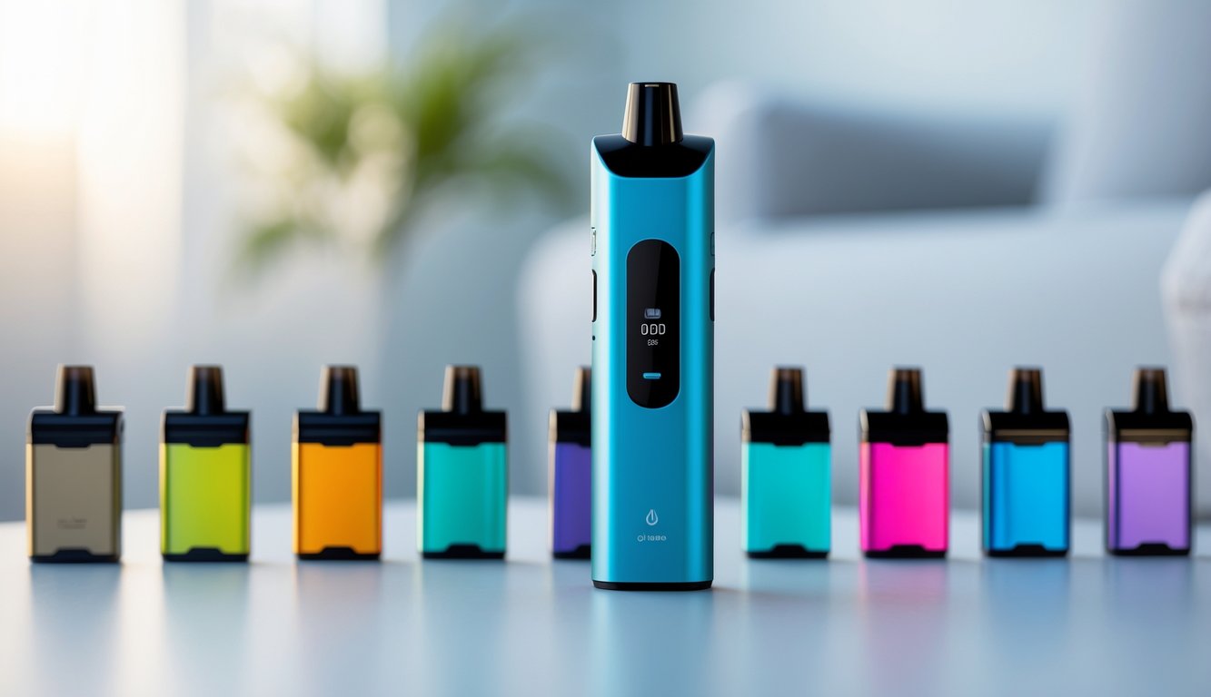 Sebuah perangkat vape modern dengan beberapa pod vape berwarna-warni di atas permukaan bersih.