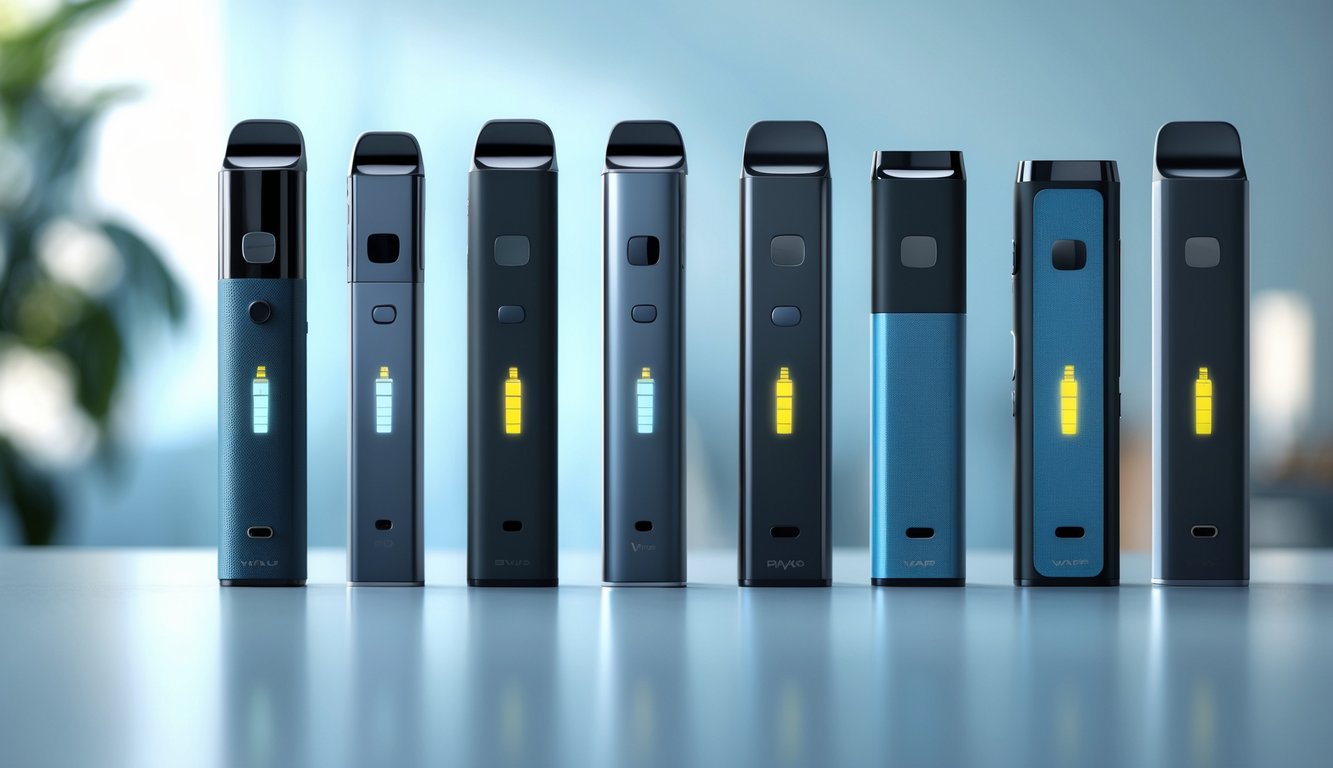 Beberapa perangkat vape modern yang tersusun rapi dengan indikator baterai yang menyala, di atas permukaan bersih dengan latar belakang buram.