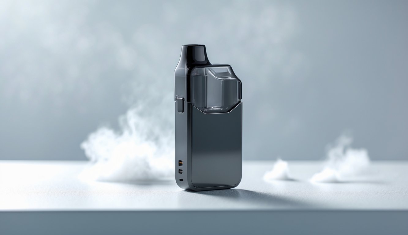 Sebuah perangkat vape pod system modern dan ramping diletakkan di atas permukaan putih dengan latar belakang kabut uap yang samar.