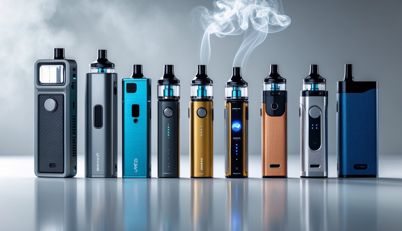 Beberapa perangkat vape berkinerja tinggi dengan desain modern tersusun rapi di atas permukaan reflektif, dengan uap tipis di latar belakang.