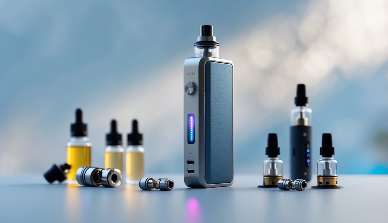 Perangkat vape performa tinggi modern diletakkan di atas permukaan bersih dengan beberapa aksesori vape di sekitarnya.