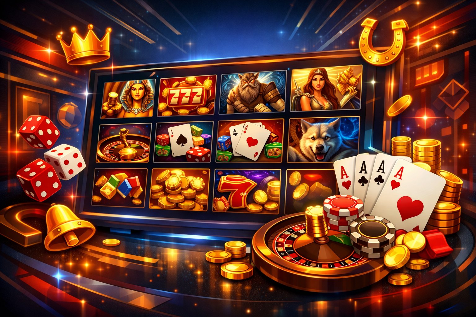A Digital Display Showing A Variety Of Casino Games Including Slots, Cards, And Roulette, With Symbols Of Dice And Jackpots On A Modern, Colorful Background.