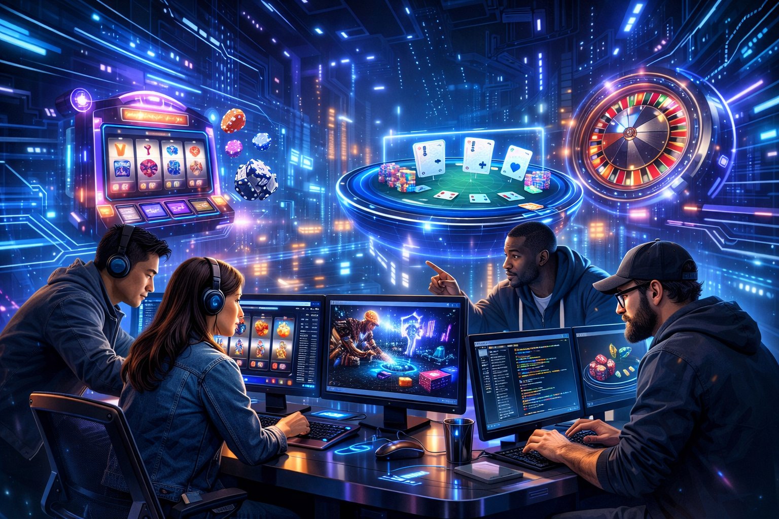 A Group Of People Working Together On Computers In A Futuristic Digital Casino Setting With Glowing Lights And Holographic Game Displays.