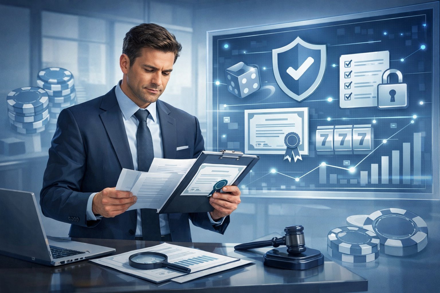 A Business Professional Reviewing Documents And Digital Certificates Related To Casino Game Licensing And Compliance In A Modern Office Setting With CasinoThemed Elements Around.
