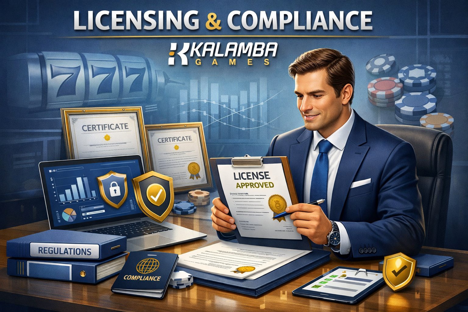 A Business Professional Reviewing Licensing Documents In An Office With Subtle Casino Elements In The Background.