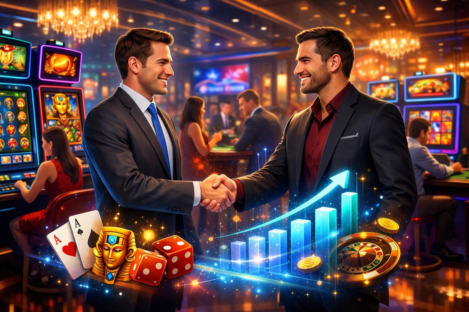 A Business Professional Shaking Hands With A Representative In A Modern Casino Filled With Slot Machines And Digital Game Displays, Symbolizing A Partnership.