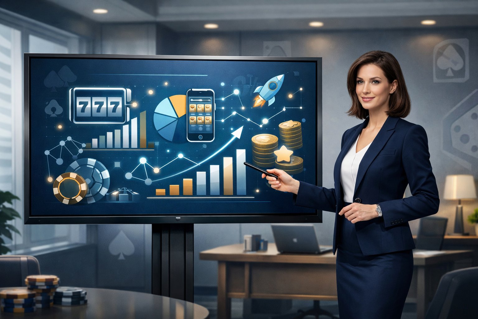 A Businesswoman Presenting Data On A Large Screen In An Office, With Gaming Symbols Subtly Integrated Into The Background.