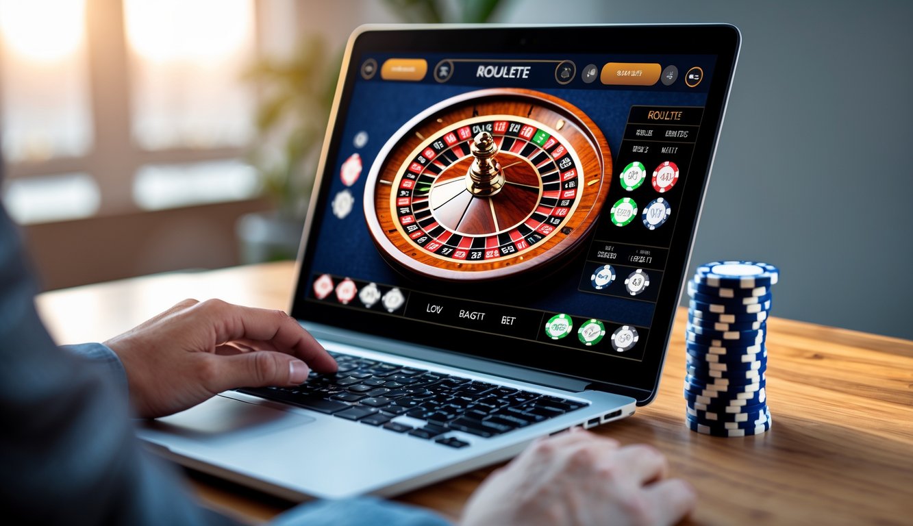 Seseorang menggunakan laptop untuk bermain roulette online dengan taruhan rendah di meja virtual.