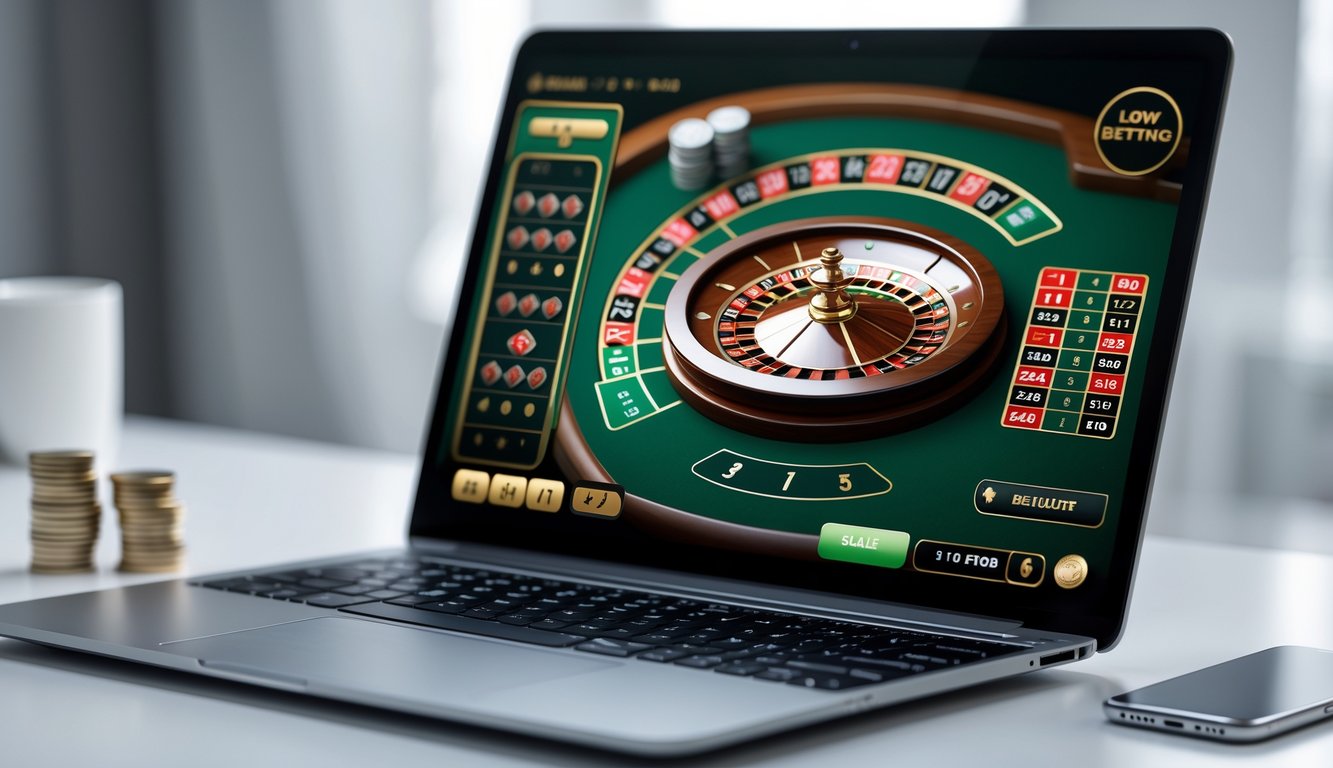 Seorang pengguna sedang bermain roulette online di laptop dengan tampilan meja roulette dan koin di meja.