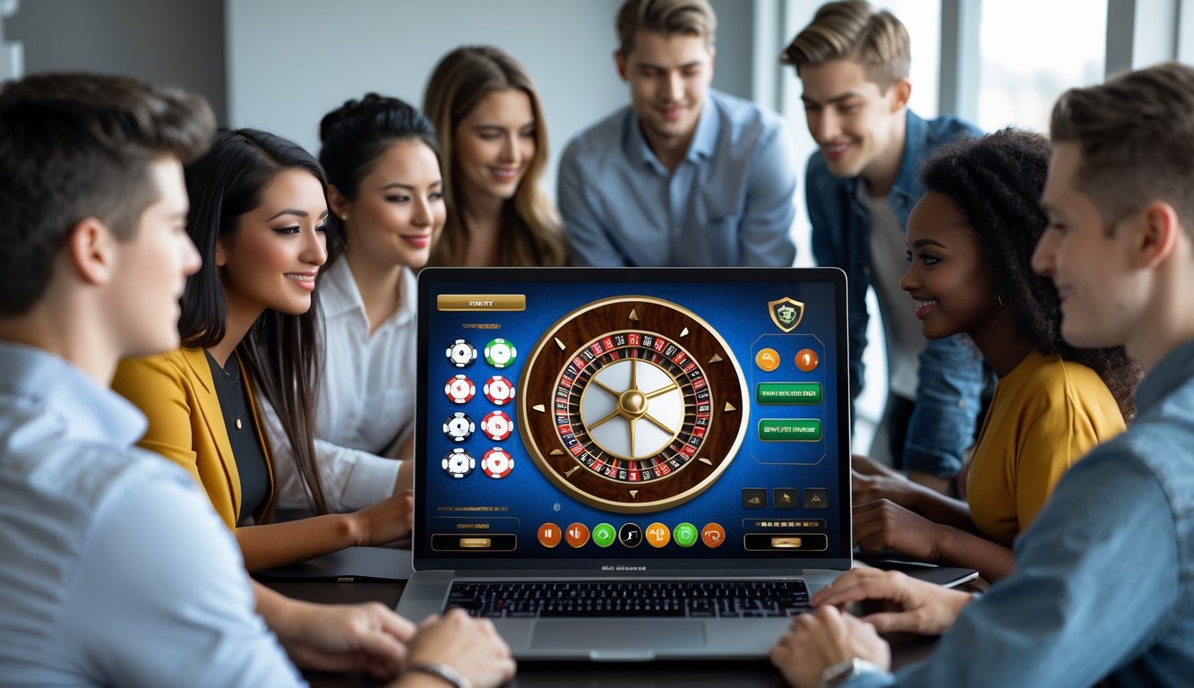 Beberapa orang muda sedang bermain roulette online dengan komputer di ruangan terang dan modern.