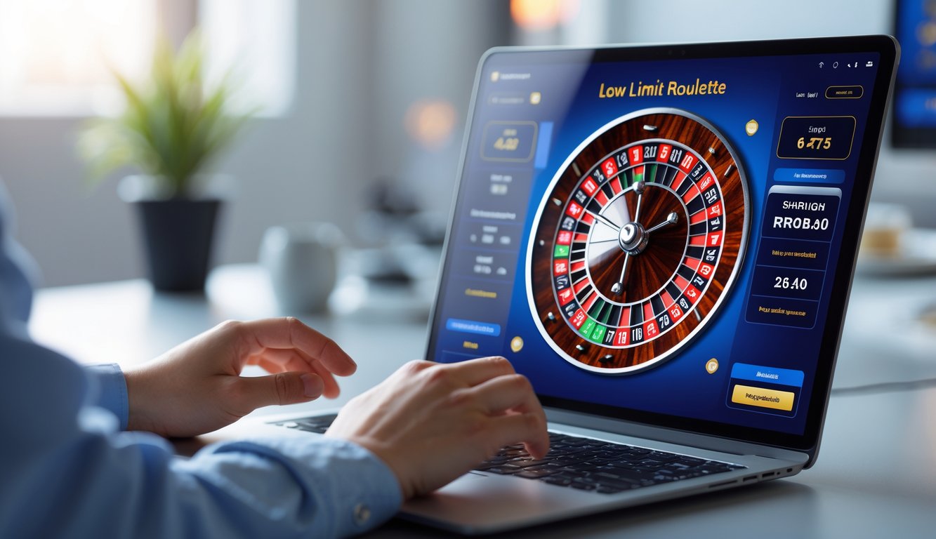 Seseorang menggunakan laptop untuk bermain roulette online dengan tampilan roda roulette dan antarmuka taruhan yang jelas.