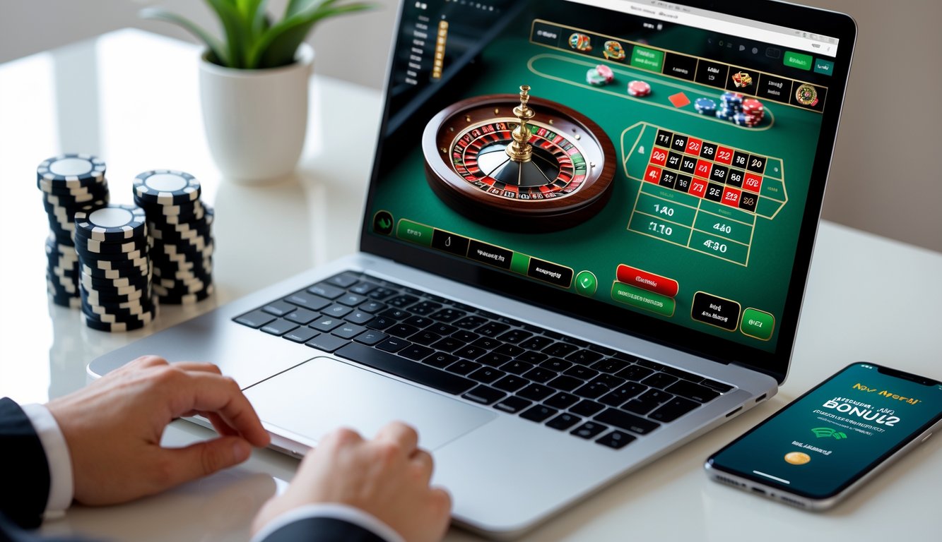 Seorang pengguna melihat permainan roulette online di layar laptop dengan chip poker dan ponsel di meja.
