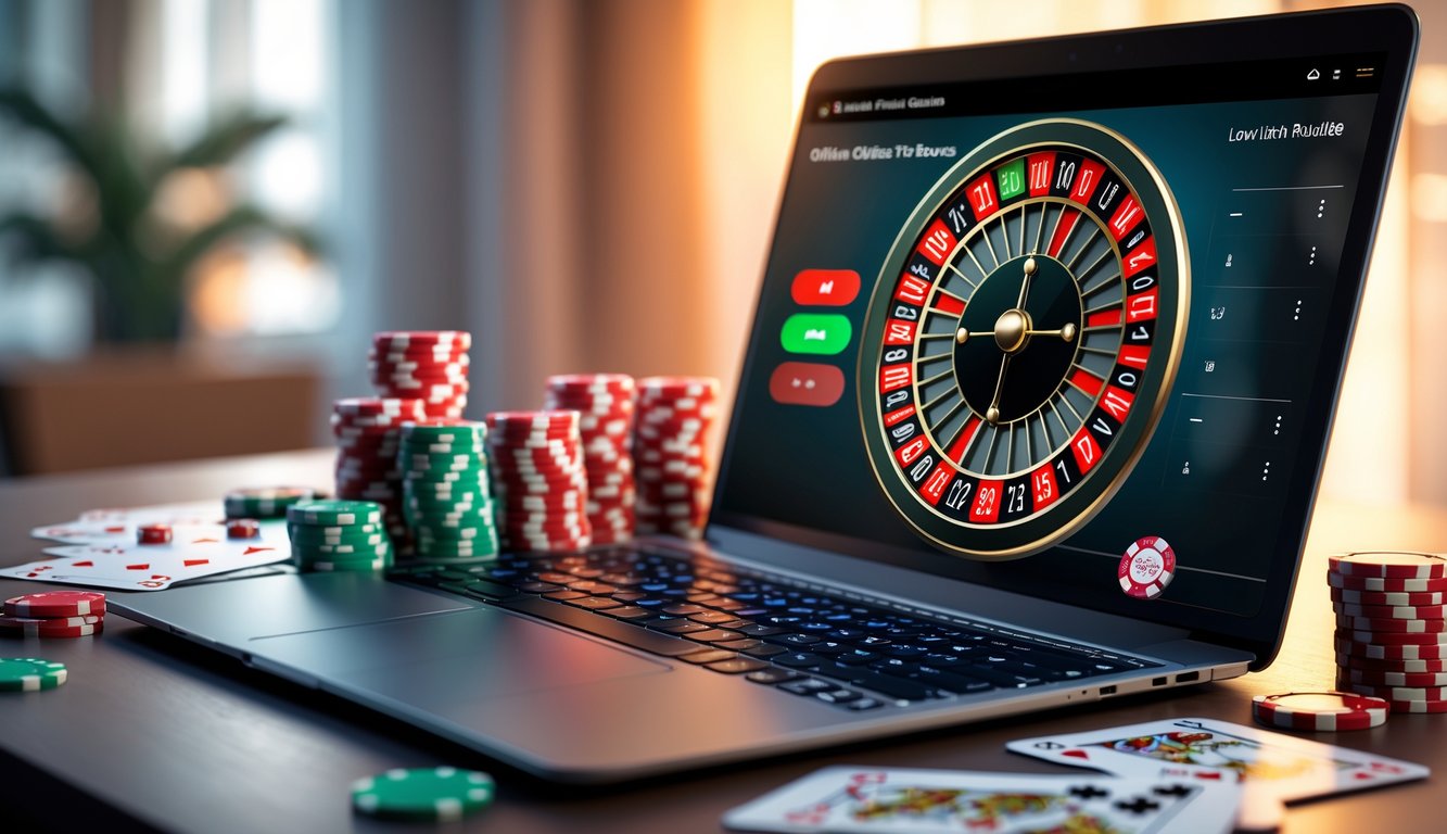 Sebuah layar komputer menampilkan roda roulette digital dengan chip poker dan kartu di sekitarnya, suasana hangat dan profesional.