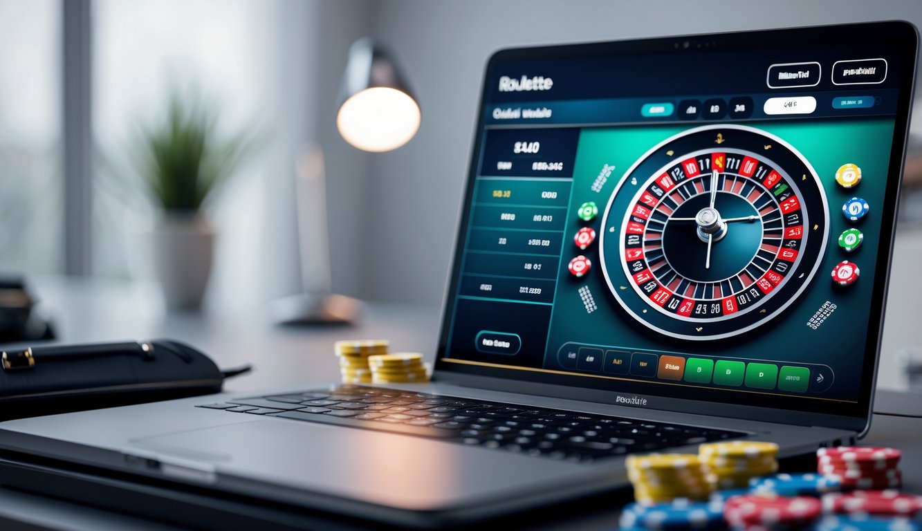 Tampilan layar komputer dengan permainan roulette online, menampilkan roda roulette dan meja taruhan dalam suasana yang rapi dan profesional.