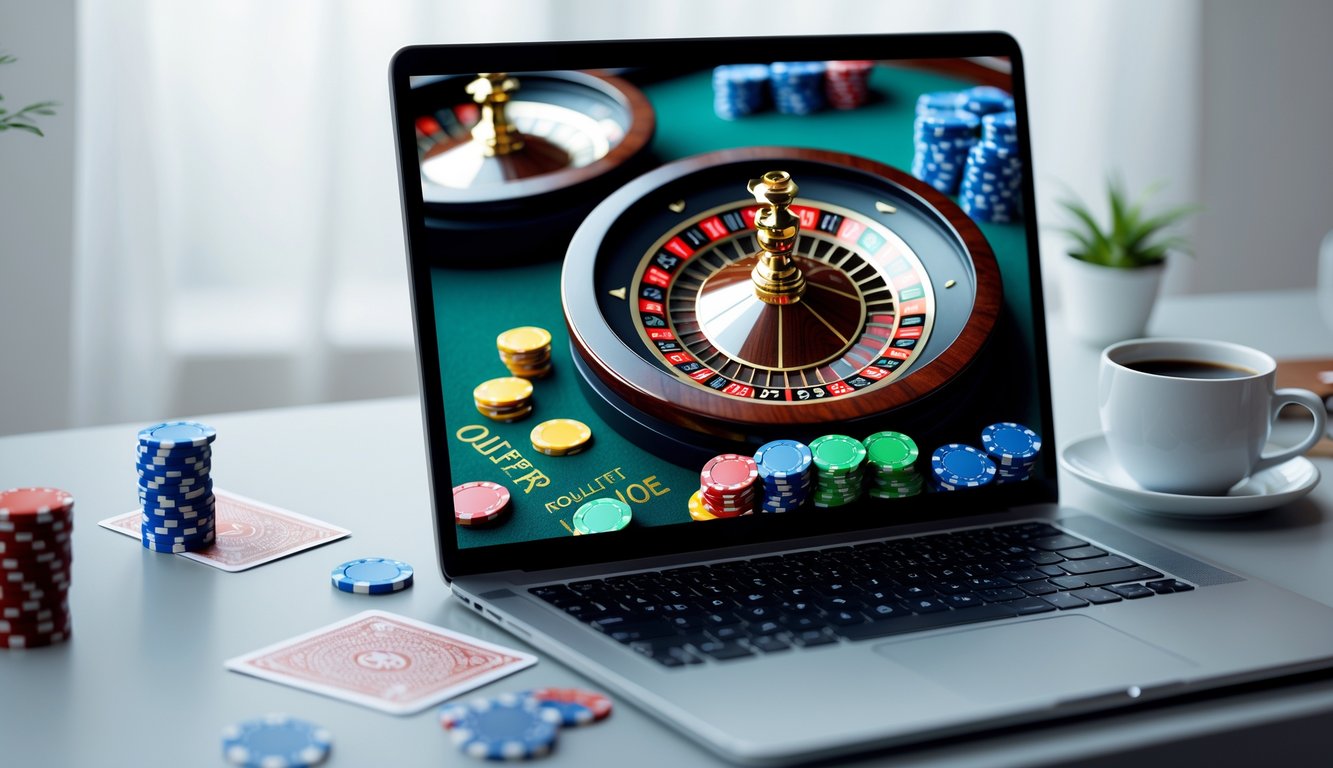 Sebuah meja kerja dengan komputer menampilkan permainan roulette online dengan taruhan rendah dan beberapa chip taruhan di sekitar layar.
