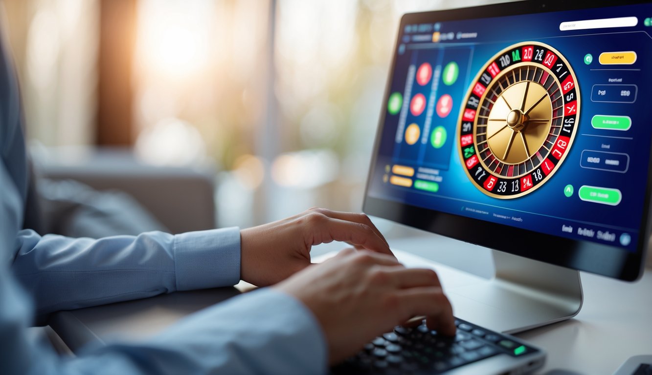 Seseorang menggunakan komputer dengan tampilan roda roulette digital yang berwarna-warni di layar.