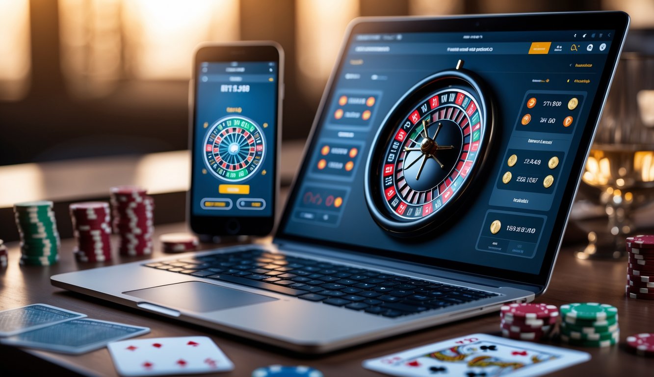 Sebuah laptop menampilkan roda roulette digital dengan chip poker dan kartu di sekitarnya, menggambarkan permainan roulette online dengan taruhan kecil.