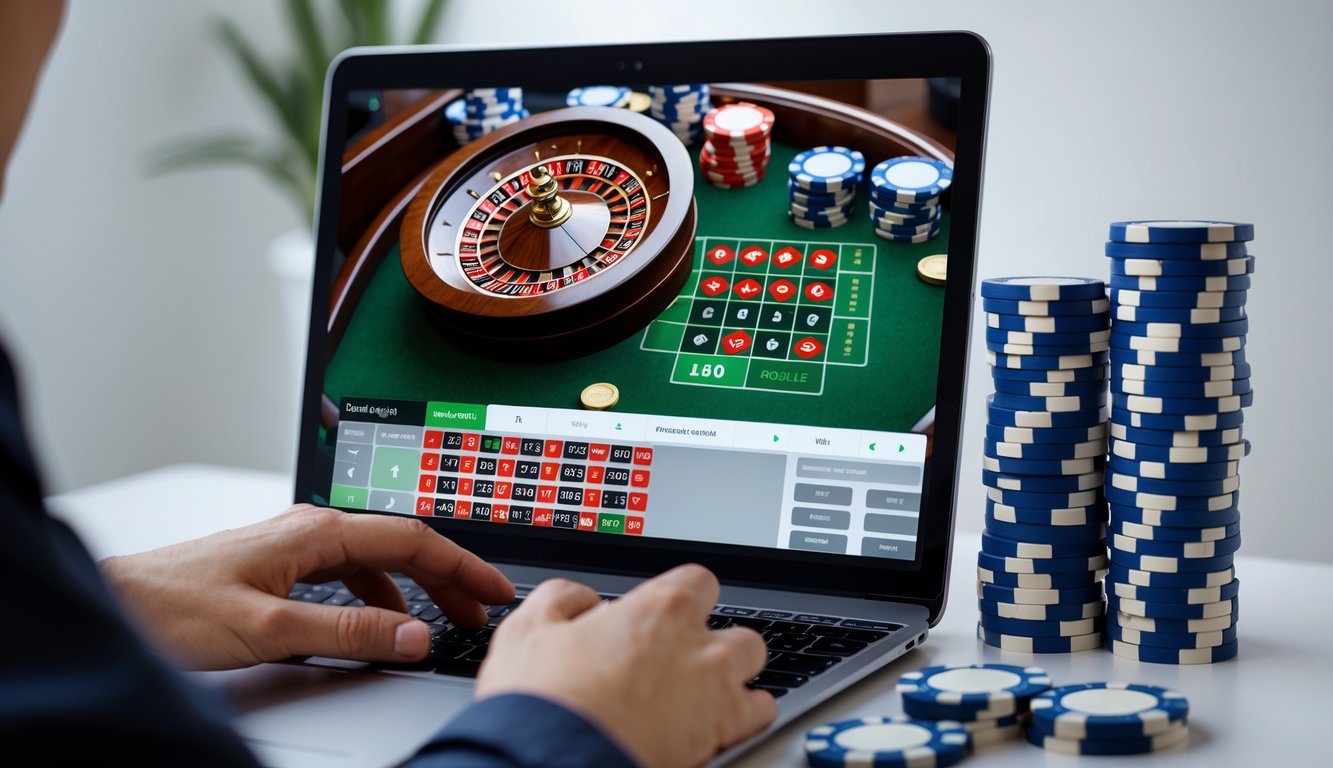 Seorang pemain fokus menggunakan komputer dengan tampilan permainan roulette online dan chip taruhan berdenominasi rendah di meja.