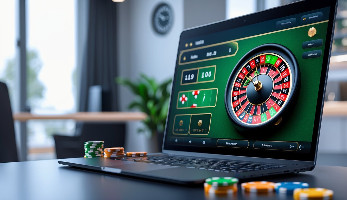 Sebuah layar komputer menampilkan roda roulette digital yang sedang berputar dengan latar belakang lingkungan kerja yang terang dan modern.
