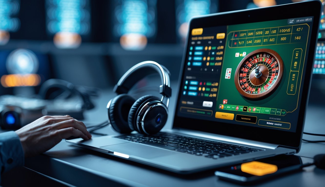 Seorang pengguna sedang bermain roulette online di komputer dengan tampilan permainan yang jelas dan lingkungan kerja yang rapi.