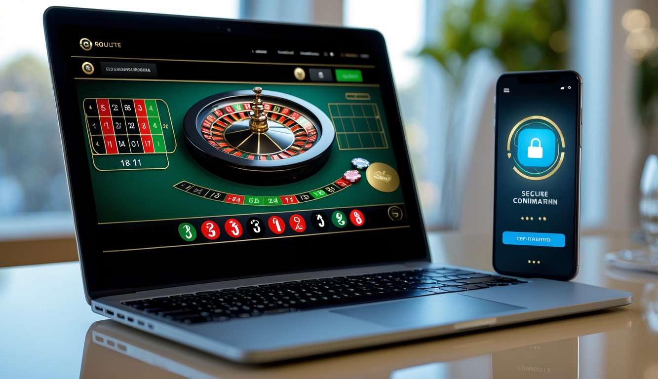 Seseorang menggunakan laptop dan ponsel untuk bermain roulette online dengan tampilan pembayaran yang aman dan lengkap.
