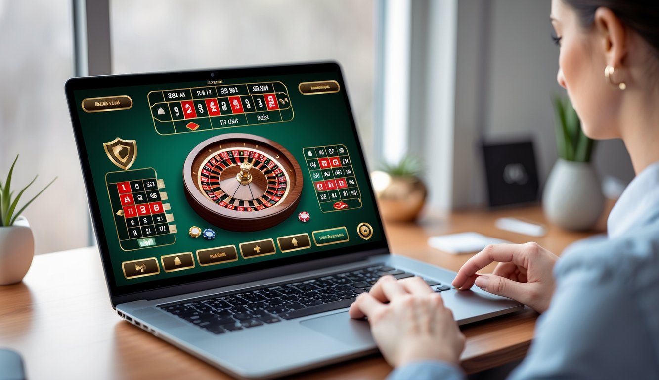 Seorang pria menggunakan laptop yang menampilkan permainan roulette online dengan suasana kerja yang rapi dan pencahayaan alami.